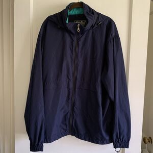 Eddie Bauer Mens Jacket Large Windbreaker Navy Blue Full Zip Coat Hooded Pockets